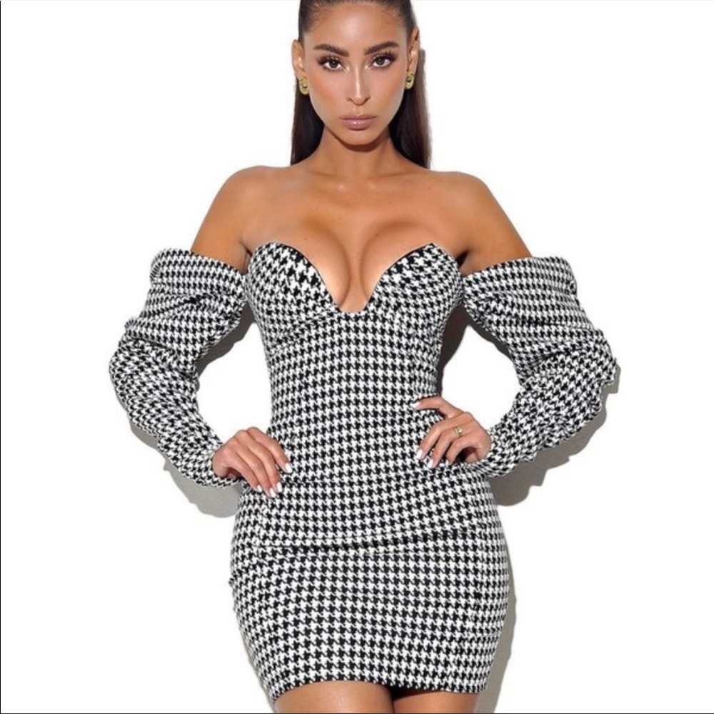 Houndstooth Woven Puff Sleeve Off Shoulder Dress